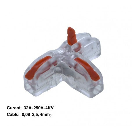 Conector electric tip cruce cu specificatii tehnice vizibile, 32A 250V, compatibil cablu 0,08-2,5mm²