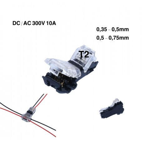 Conector T2 300V 10A vazut din mai multe unghiuri, cu fire rosii si negre conectate