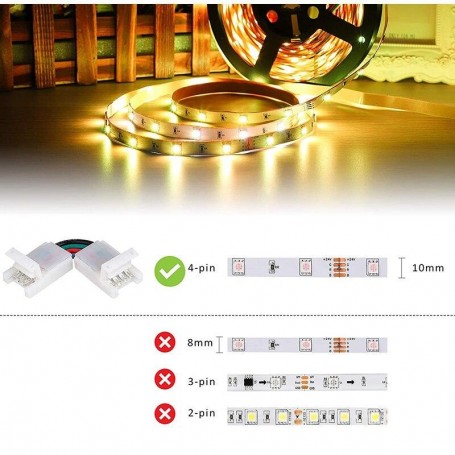 Conector 4 pini compatibil banda LED RGB 10mm, incompatibil cu benzi de 8mm, 3 sau 2 pini