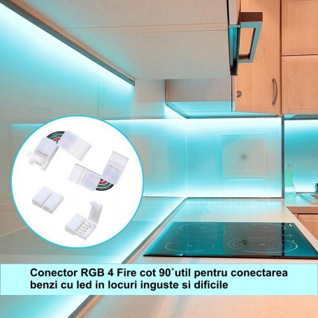 Conector cot RGB 4 fire montat sub mobilier de bucatarie, iluminat turcoaz in spatii inguste