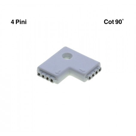 Conector cot 90 grade banda LED RGB 4 pini, eticheta cu specificatii vizibile