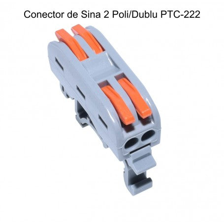 Conector sina dublu 2 poli cu levier portocaliu, vedere frontala, compatibil sina DIN