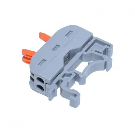Conector sina dublu 2 poli, vedere din spate cu clip de fixare DIN vizibil