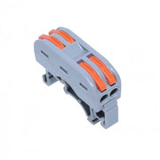 Conector de sina 2 poli dublu cu parghie, montaj DIN, 32A 600V, carcasa ABS ignifug gri cu levier portocaliu