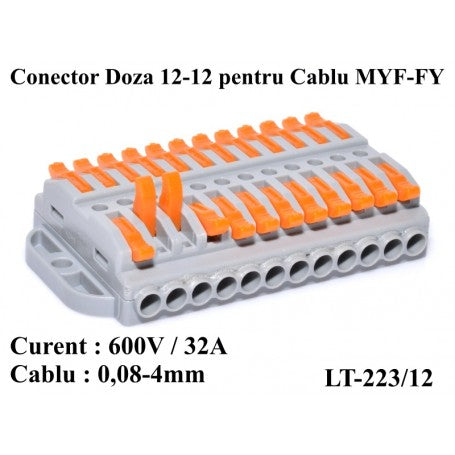Conector doza 12-12 cu specificatii tehnice 600V 32A, cablu 0,08-4mm