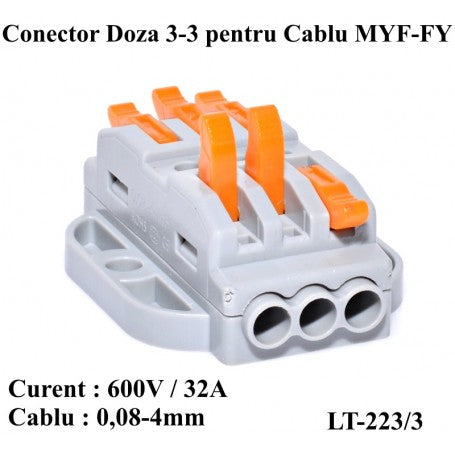 Conector doza 3-3 cu parghii portocalii, 600V/32A, compatibil cablu MYF-FY