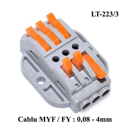 Conector doza 3-3 cu parghii portocalii, cablu 0,08-4mm², vedere laterala