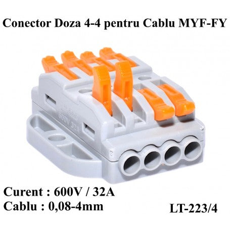 Conector doza 4+4 fire 32A 600V, cablu 0.08-4mm, vedere laterala cu orificii de intrare