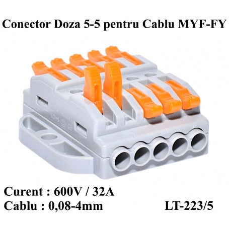Conector doza 5 intrari 5 iesiri, 600V 32A, compatibil cablu MYF-FY 0,08-4mm²