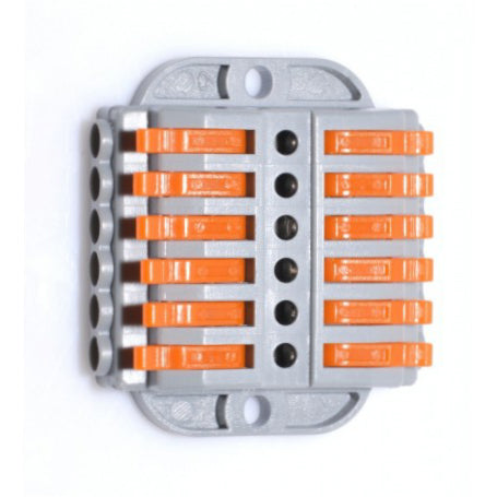 Conector doza 6+6 fire vazut din spate, cu orificii de intrare cablu si suport montaj