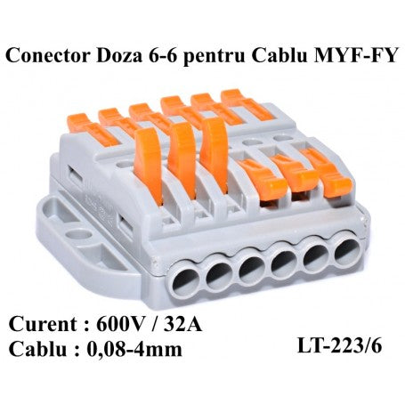 Conector doza 6-6 fire cu manete portocalii, specificatii 600V 32A si compatibilitate cablu 0,08-4mm
