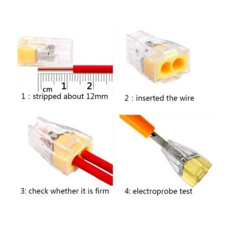 Ghid instalare conector 2 poli: decupare 12mm, introducere fir, verificare si test electroproba