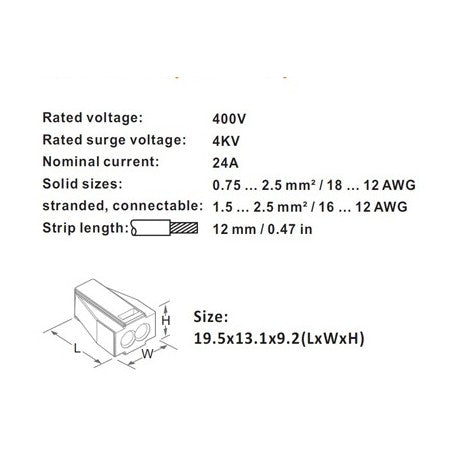 Specificatii tehnice conector rapid 2 poli: 400V, 24A, fire 0.75-2.5mm², dimensiuni 19.5x13.1x9.2mm
