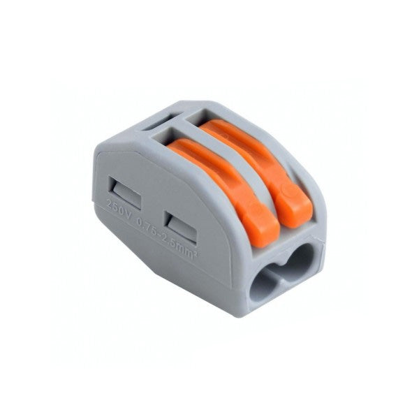 Conector rapid doza 2 poli, 250V, sectiune cablu 0.75-2.5mm², manete portocalii, corp gri compact