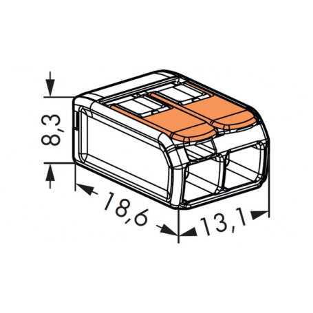 Conector doza 2 poli cu dimensiuni tehnice: 18,6 x 13,1 x 8,3 mm