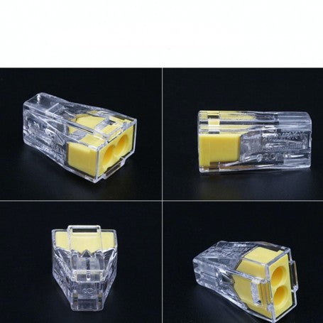 Conector rapid 2 poli vazut din 4 unghiuri diferite, corp transparent si insert galben