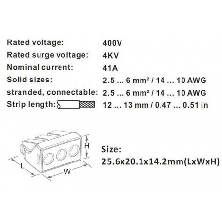 Tabel specificatii conector rapid 3 poli: 41A, 4KV, dimensiuni 25.6x20.1x14.2mm