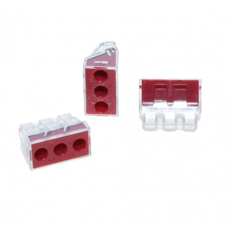 Conector rapid 3 poli vazut din unghiuri multiple, carcasa transparenta rosie
