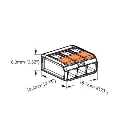 Conector doza 3 poli cu dimensiuni 18.6x18.7x8.3mm, profil compact pentru instalatii electrice