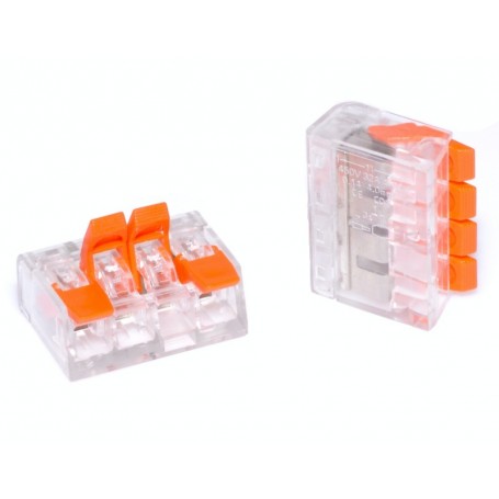 Conector rapid cu cleme portocalii vazut din doua unghiuri, carcasa transparenta cu mecanism vizibil