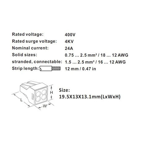 Specificatii tehnice conector rapid 4 poli: 24A, 400V, fire 0.75-2.5 mm², dimensiuni 19.5x13x13.1mm