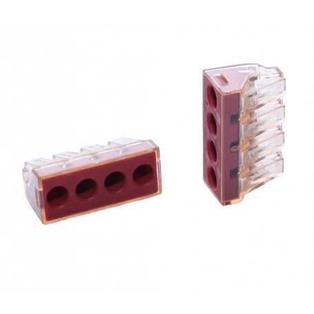 Conector doza 4 poli 400V vedere frontala si laterala, orificii pentru fire si mecanism arc intern