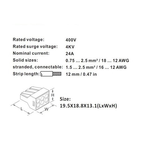 Specificatii tehnice conector rapid 6 poli: 400V, 24A, dimensiuni 19.5x18.8x13.1 mm