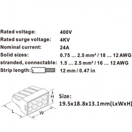 Specificatii tehnice conector 8 poli: 400V, 24A, fire 0.75-2.5mm², dimensiuni 19.5x18.8x13.1mm