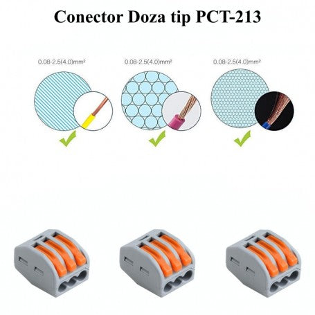 Conector rapid 3 poli compatibil cu fire solide, multifilar si flexibile 0.08-4mm²