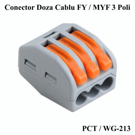 Conector doza rapid 3 poli cu parghi portocalii, 230V, pentru fire 0.5-2.5mm²