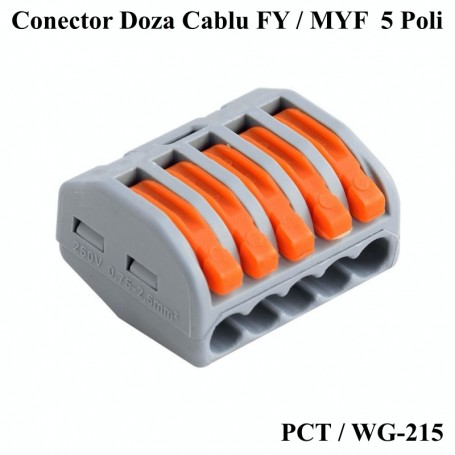 Conector doza 5 poli 250V, dimensiuni compacte, parghii portocalii pentru conectare rapida fire