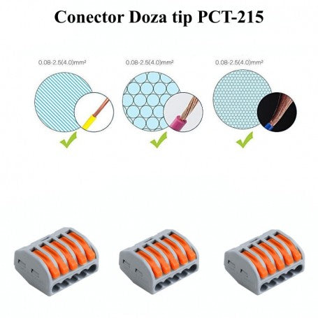 Conector doza 5 poli compatibil cu fire solide, multifilar si flexibile, set trei bucati