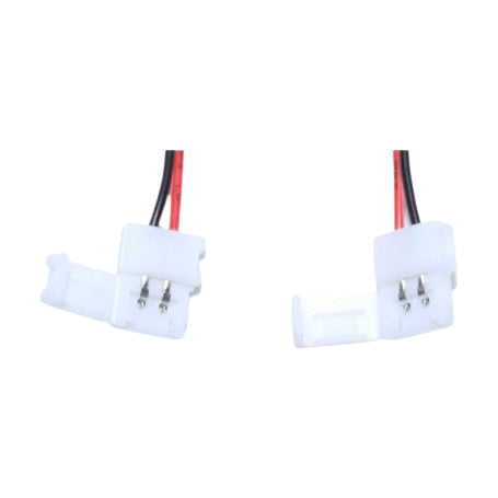 Conector clip banda LED 10mm, detaliu capete cu pini metalici si mecanism de prindere