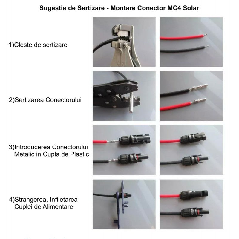 Ghid montare conector solar MC4 in 4 pasi: sertizare, asamblare si strangere cupla