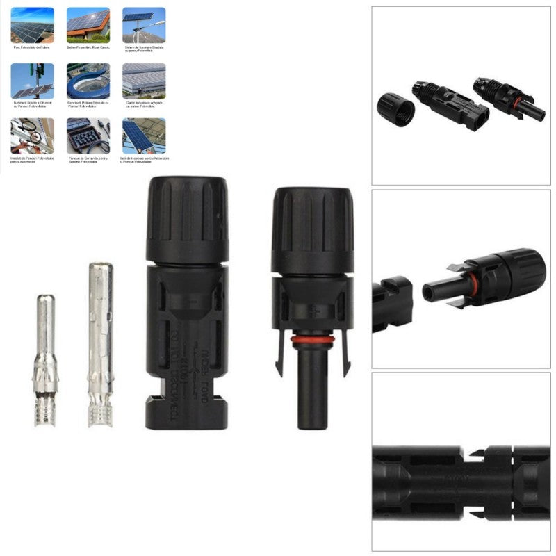 Conector solar MC4 detaliu imbinare si blocare, IP67, utilizari multiple in sisteme fotovoltaice