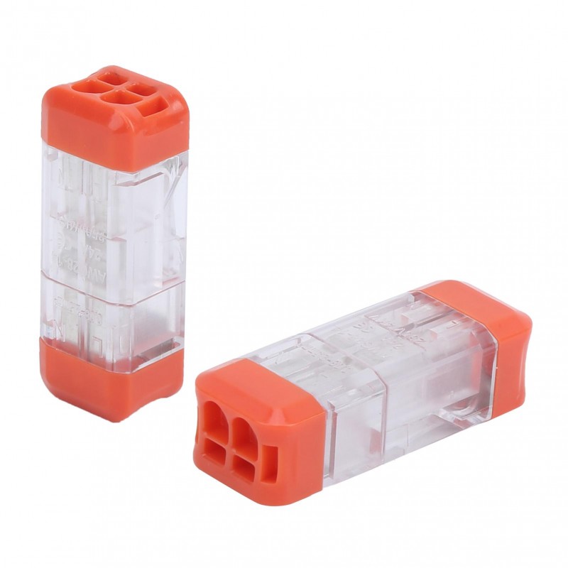 Conector electric push-in 4 poli vazut din doua unghiuri, corp transparent si capace portocalii