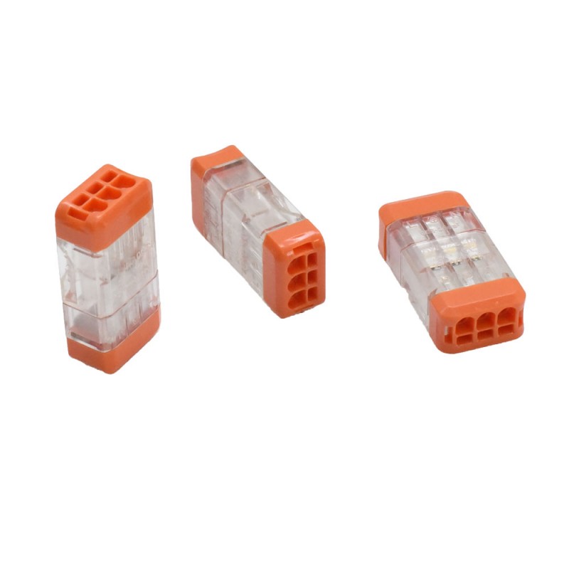 Trei conectori rapizi push-bloc 3 fire dispusi diferit, compatibili AWG 28-14, carcasa transparenta robusta