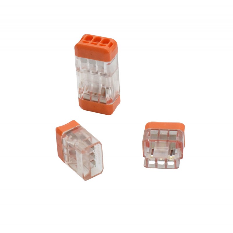 Set trei conectori rapizi push-bloc 3 poli, vederi din unghiuri diferite, carcasa transparenta portocalie