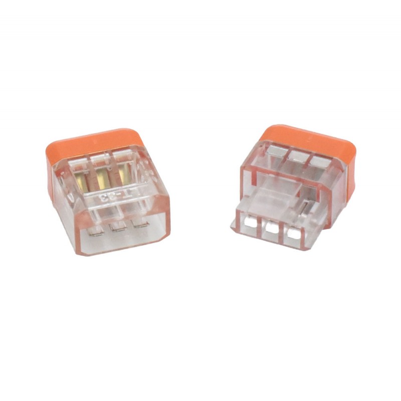 Conector push-bloc 3 poli vazut din doua unghiuri, carcasa transparenta cu mecanism de blocare vizibil