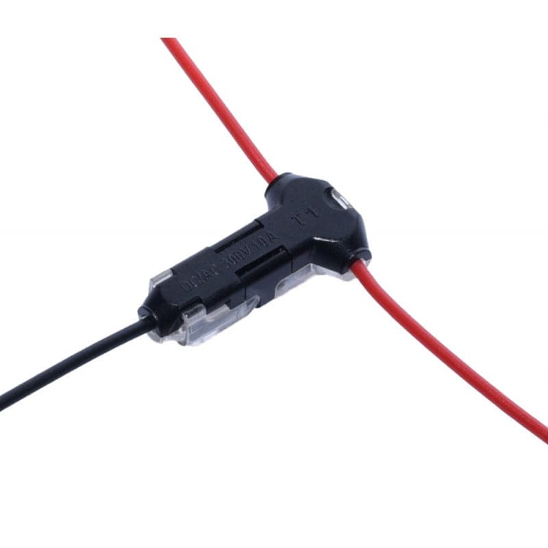 Conector tip T montat pe fire rosii si negre, conexiune in T stabila 300V 10A
