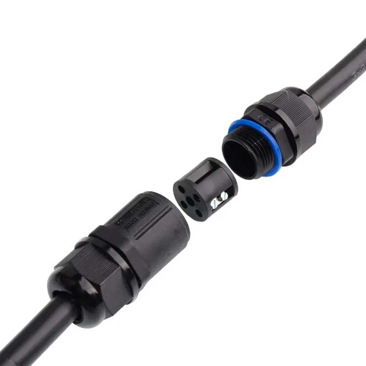 Conector impermeabil 4 poli desasamblat, bloc interior cu terminale surub vizibil, inel albastru etansare
