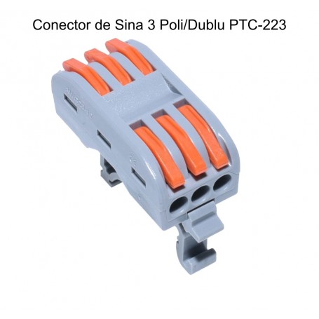 Conector de sina 3 poli dublu PCT-223, vedere frontala cu parghii portocalii pentru conectare rapida