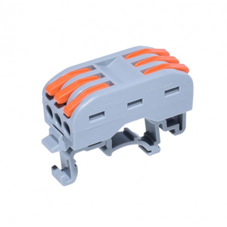 Conector de sina 3 poli dublu, vedere de sus cu parghii portocalii si locasuri pentru cabluri 0.2-4mm
