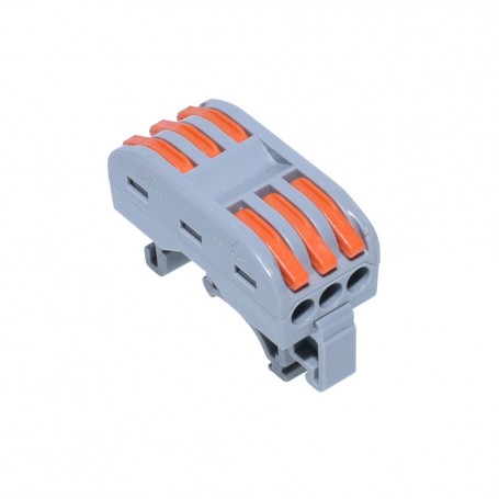 Conector de sina 3 poli dublu PCT-223, 32A, 600V, montaj sina DIN, parghie portocalie