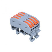 Conector de sina 4 poli dublu cu levier, montaj pe sina DIN, 32A 600V, carcasa gri cu parghii portocalii