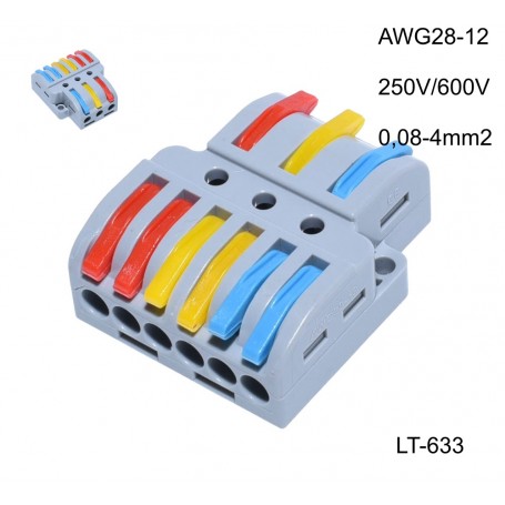 Conector tip rigleta cu manete colorate, AWG28-12, 250V/600V, sectiune 0,08-4mm²