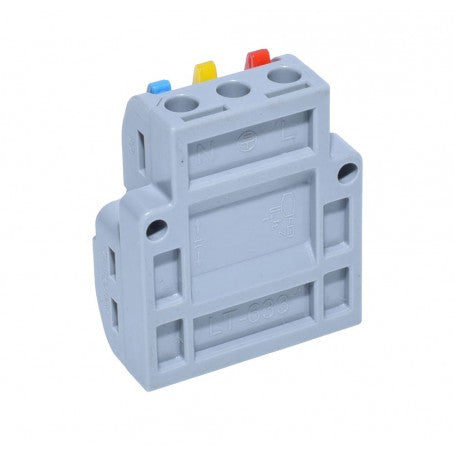 Conector electric cu manete, vedere spate cu orificii de intrare cablu si marcaje tehnice
