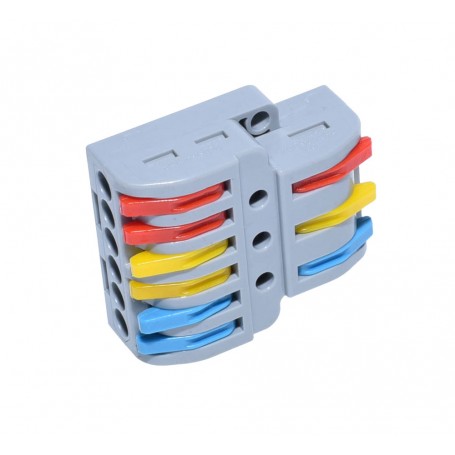 Conector cu manete colorate vazut din fata, cu 6 iesiri si 3 intrari pe ambele laturi