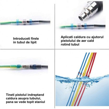 Mod de utilizare conector termocontractibil cu cositor: introducere fire si aplicare caldura cu pistol aer cald