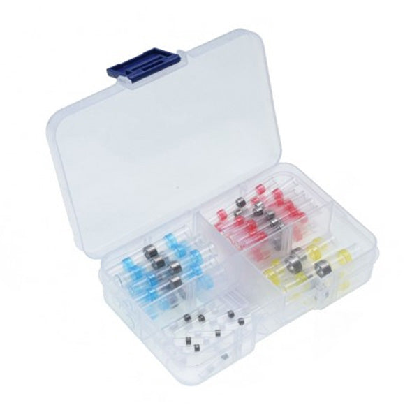 Set 50 conectori termocontractibili cu inel de cositor, sortati pe dimensiuni 0,25-6mm, in cutie de depozitare